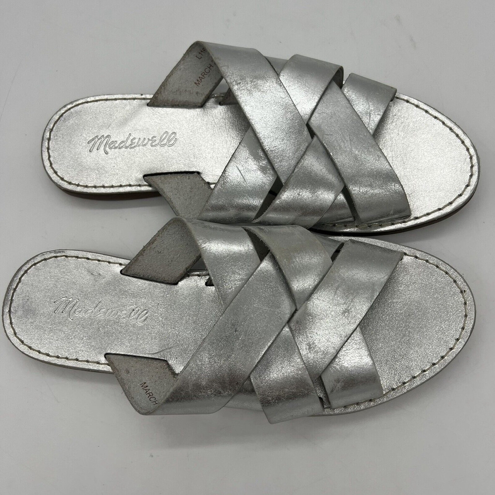 Madewell Boardwalk Woven Slide Sandal Slip On Flat Metallic Leather Size 6.5